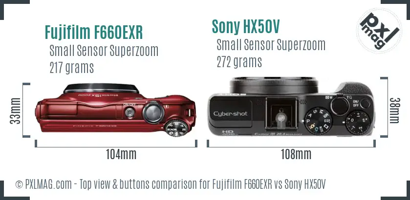 Fujifilm F660EXR vs Sony HX50V top view buttons comparison
