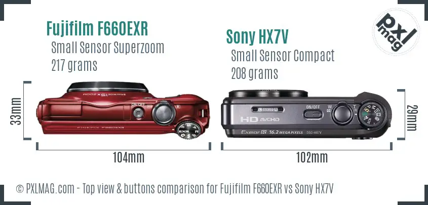 Fujifilm F660EXR vs Sony HX7V top view buttons comparison Fujifilm F660EXR vs Sony HX7V top view buttons comparison