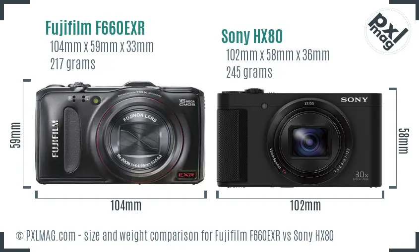 Fujifilm F660EXR vs Sony HX80 size comparison