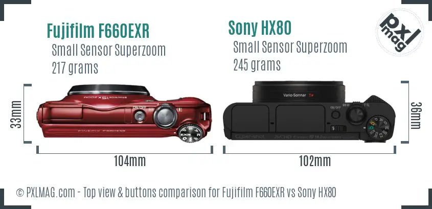 Fujifilm F660EXR vs Sony HX80 top view buttons comparison