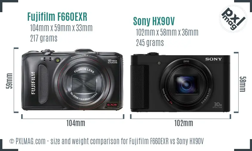 Fujifilm F660EXR vs Sony HX90V size comparison