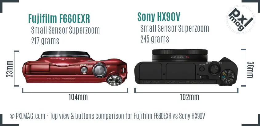 Fujifilm F660EXR vs Sony HX90V top view buttons comparison