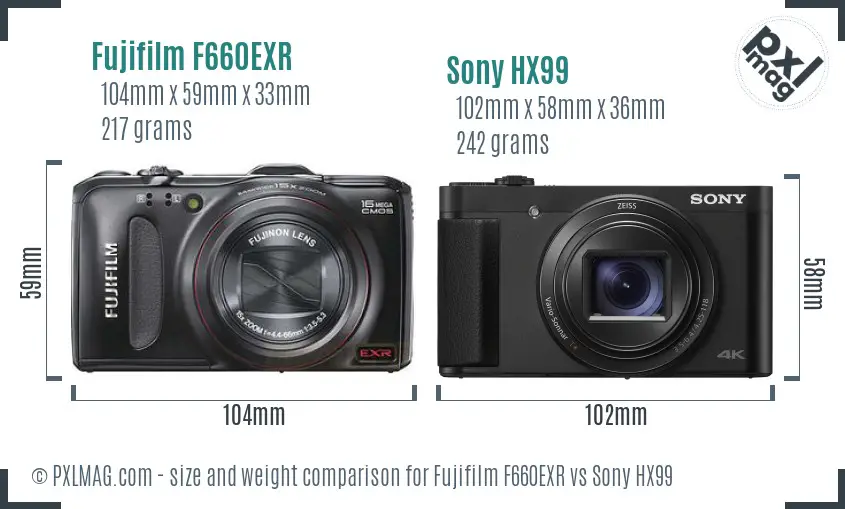 Fujifilm F660EXR vs Sony HX99 size comparison