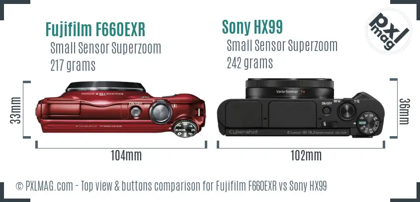 Fujifilm F660EXR vs Sony HX99 top view buttons comparison