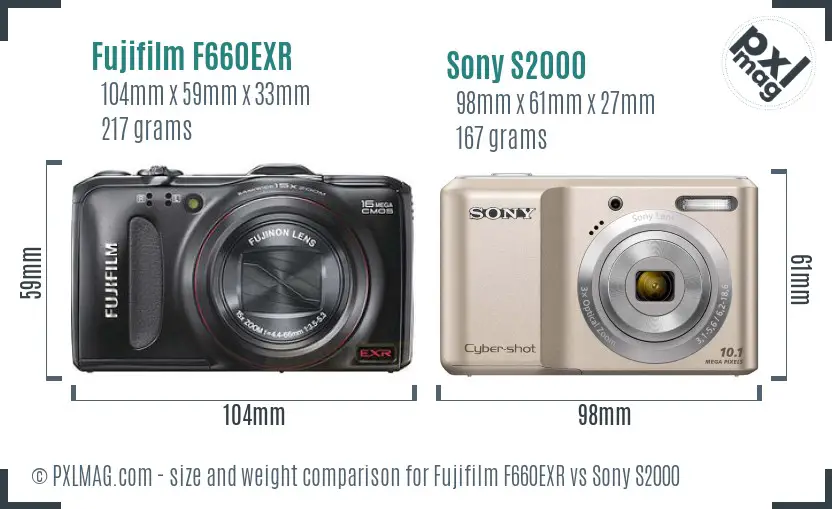 Fujifilm F660EXR vs Sony S2000 size comparison