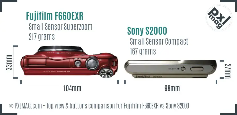 Fujifilm F660EXR vs Sony S2000 top view buttons comparison