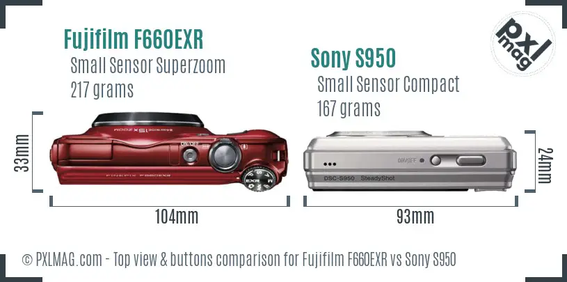 Fujifilm F660EXR vs Sony S950 top view buttons comparison
