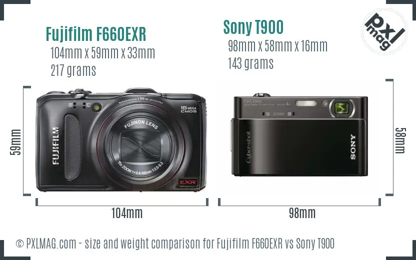 Fujifilm F660EXR vs Sony T900 size comparison Fujifilm F660EXR vs Sony T900 size comparison