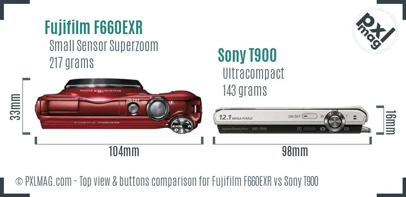 Fujifilm F660EXR vs Sony T900 top view buttons comparison Fujifilm F660EXR vs Sony T900 top view buttons comparison