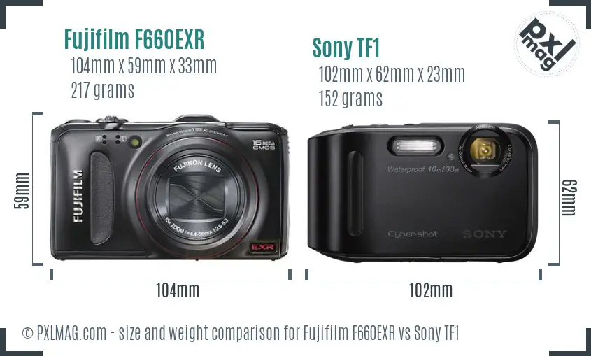 Fujifilm F660EXR vs Sony TF1 size comparison