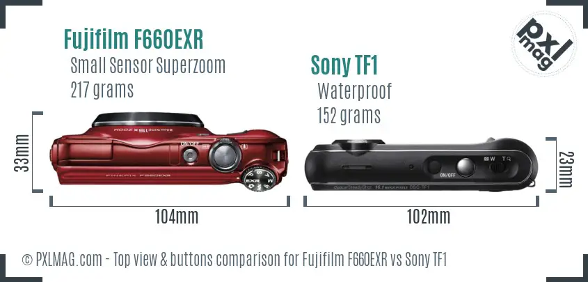 Fujifilm F660EXR vs Sony TF1 top view buttons comparison
