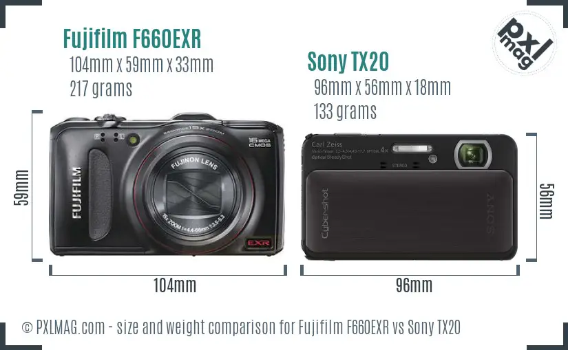 Fujifilm F660EXR vs Sony TX20 size comparison
