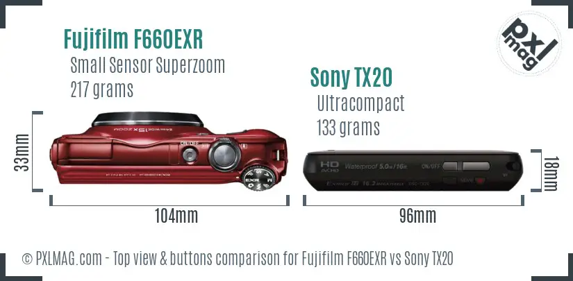Fujifilm F660EXR vs Sony TX20 top view buttons comparison