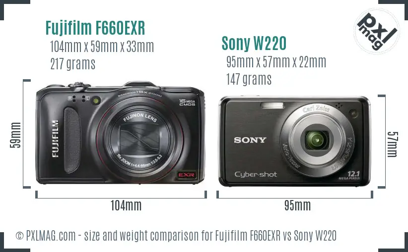 Fujifilm F660EXR vs Sony W220 size comparison