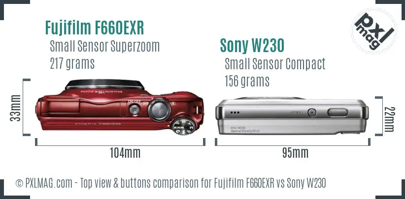 Fujifilm F660EXR vs Sony W230 top view buttons comparison Fujifilm F660EXR vs Sony W230 top view buttons comparison