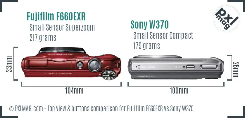 Fujifilm F660EXR vs Sony W370 top view buttons comparison