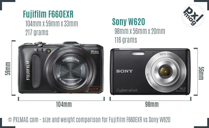 Fujifilm F660EXR vs Sony W620 size comparison
