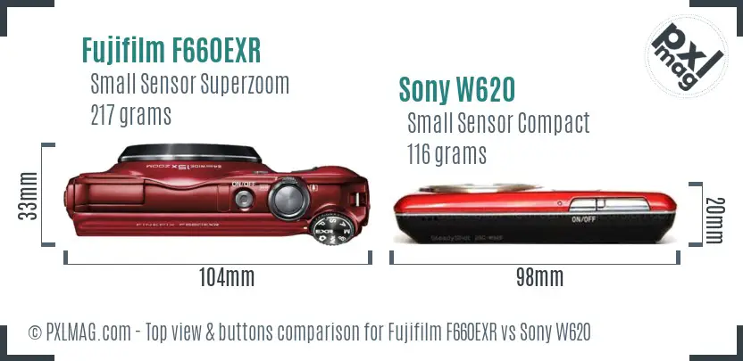 Fujifilm F660EXR vs Sony W620 top view buttons comparison