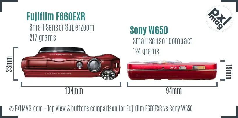 Fujifilm F660EXR vs Sony W650 top view buttons comparison