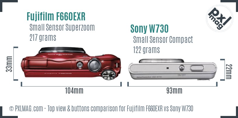 Fujifilm F660EXR vs Sony W730 top view buttons comparison