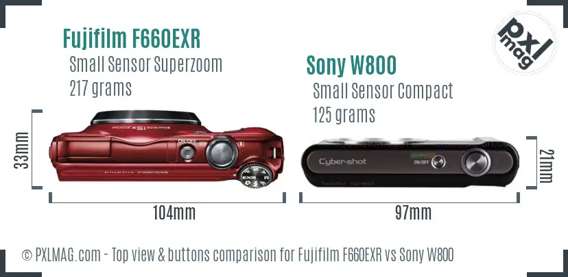 Fujifilm F660EXR vs Sony W800 top view buttons comparison