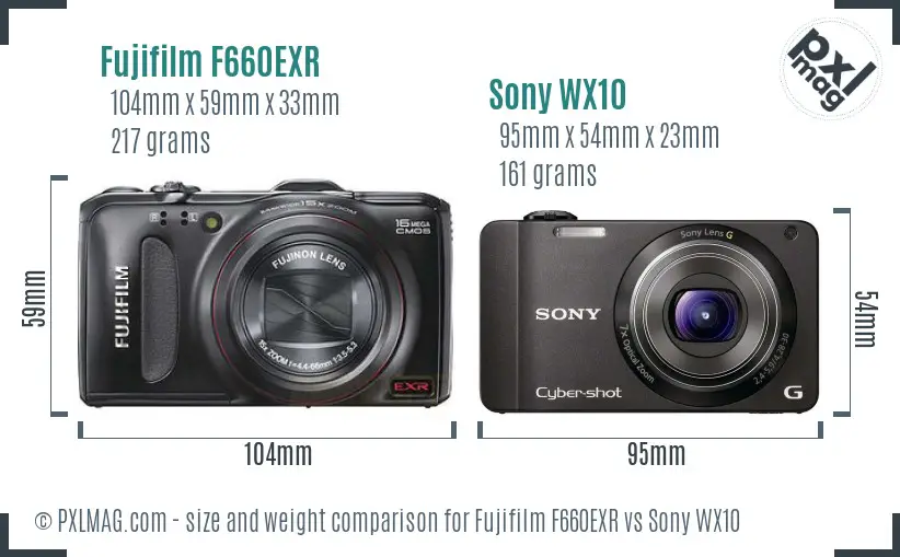 Fujifilm F660EXR vs Sony WX10 size comparison