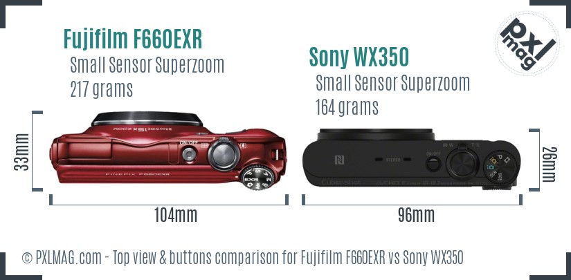 Fujifilm F660EXR vs Sony WX350 top view buttons comparison