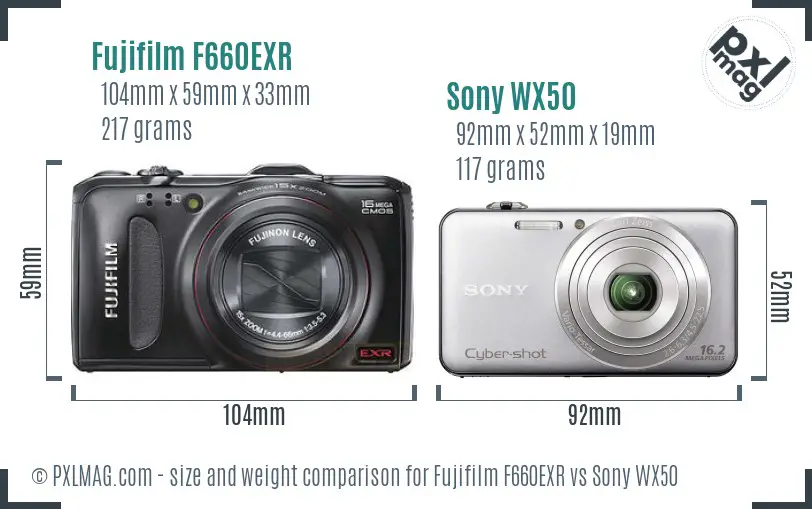 Fujifilm F660EXR vs Sony WX50 size comparison