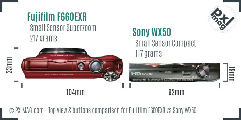 Fujifilm F660EXR vs Sony WX50 top view buttons comparison