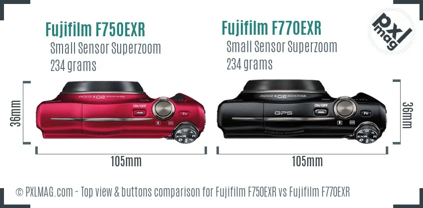 Fujifilm F750EXR vs Fujifilm F770EXR top view buttons comparison