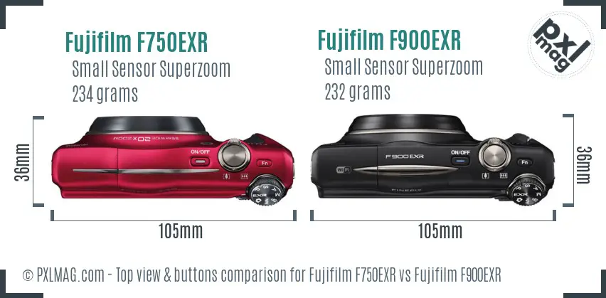 Fujifilm F750EXR vs Fujifilm F900EXR top view buttons comparison
