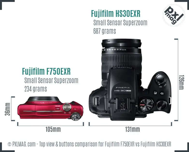 Fujifilm F750EXR vs Fujifilm HS30EXR top view buttons comparison