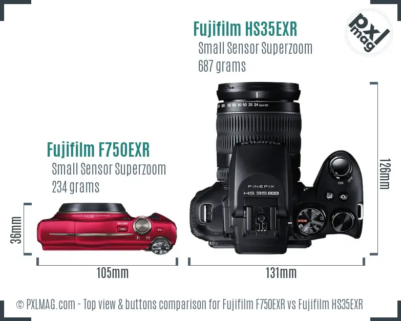 Fujifilm F750EXR vs Fujifilm HS35EXR top view buttons comparison