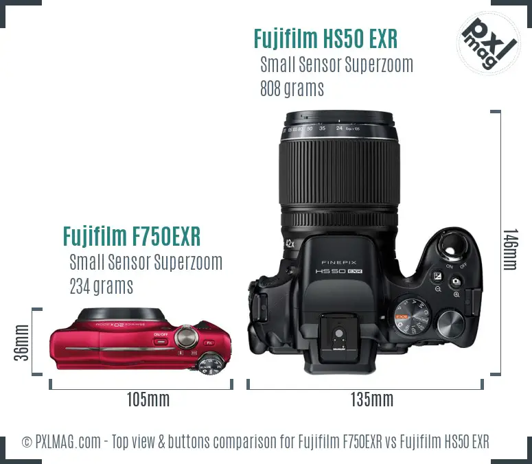Fujifilm F750EXR vs Fujifilm HS50 EXR top view buttons comparison