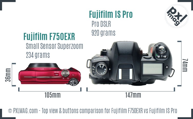Fujifilm F750EXR vs Fujifilm IS Pro top view buttons comparison