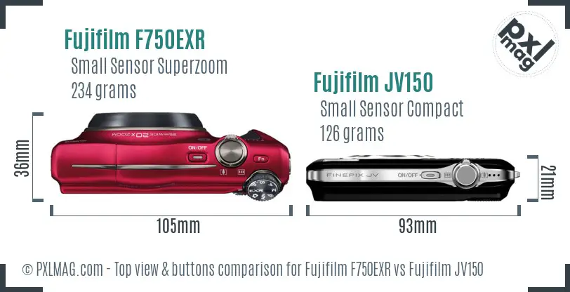 Fujifilm F750EXR vs Fujifilm JV150 top view buttons comparison