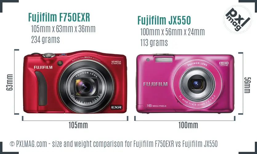 Fujifilm F750EXR vs Fujifilm JX550 size comparison