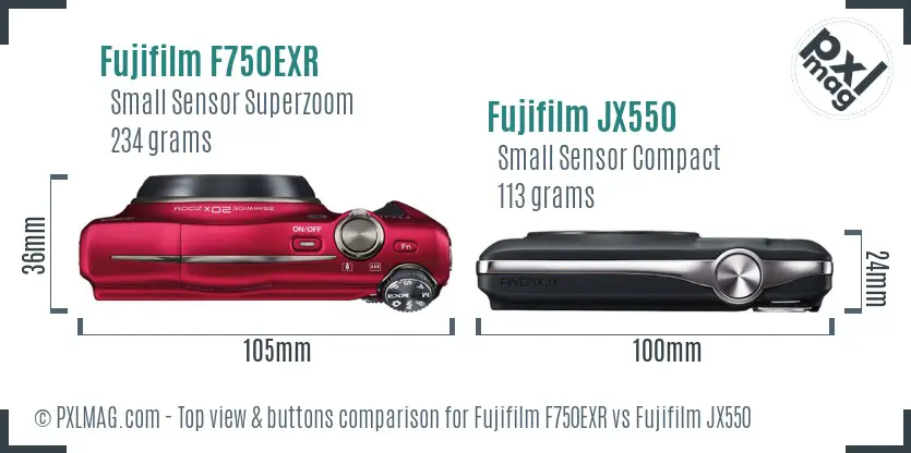 Fujifilm F750EXR vs Fujifilm JX550 top view buttons comparison