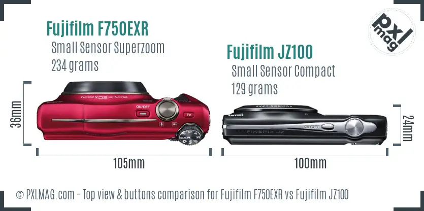 Fujifilm F750EXR vs Fujifilm JZ100 top view buttons comparison