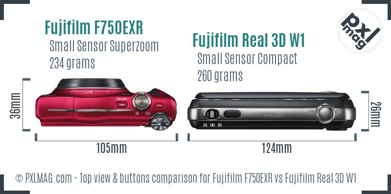 Fujifilm F750EXR vs Fujifilm Real 3D W1 top view buttons comparison