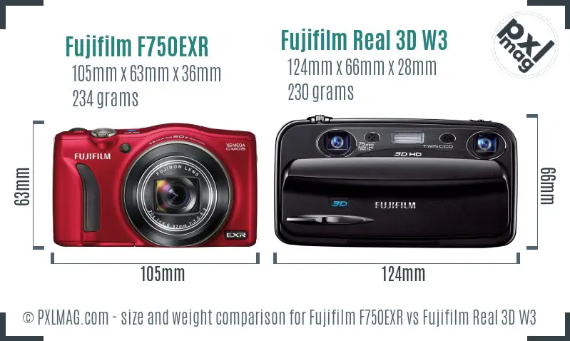 Fujifilm F750EXR vs Fujifilm Real 3D W3 size comparison