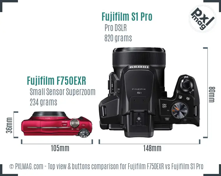 Fujifilm F750EXR vs Fujifilm S1 Pro top view buttons comparison Fujifilm F750EXR vs Fujifilm S1 Pro top view buttons comparison