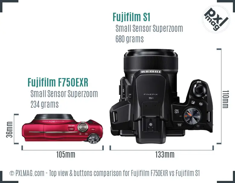 Fujifilm F750EXR vs Fujifilm S1 top view buttons comparison Fujifilm F750EXR vs Fujifilm S1 top view buttons comparison
