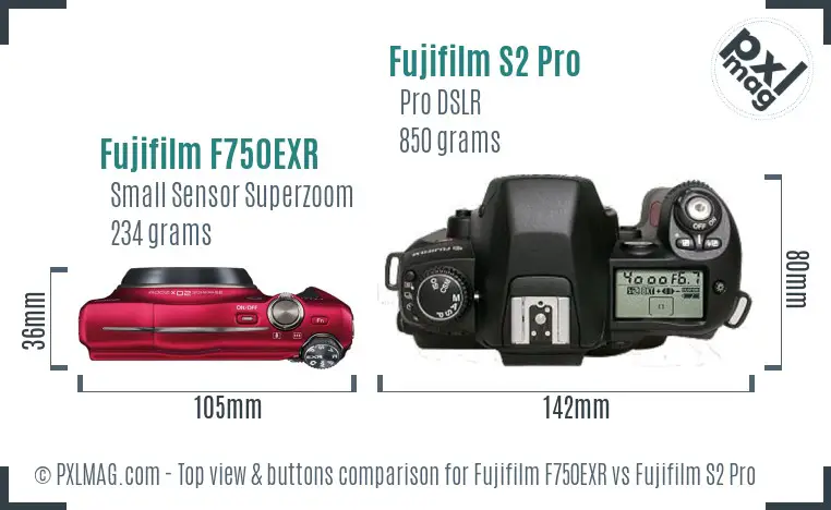 Fujifilm F750EXR vs Fujifilm S2 Pro top view buttons comparison