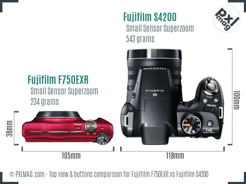 Fujifilm F750EXR vs Fujifilm S4200 top view buttons comparison