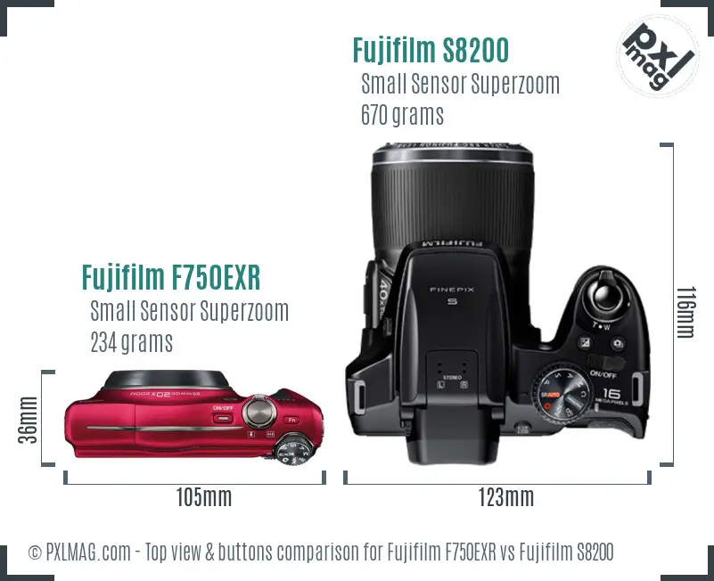 Fujifilm F750EXR vs Fujifilm S8200 top view buttons comparison