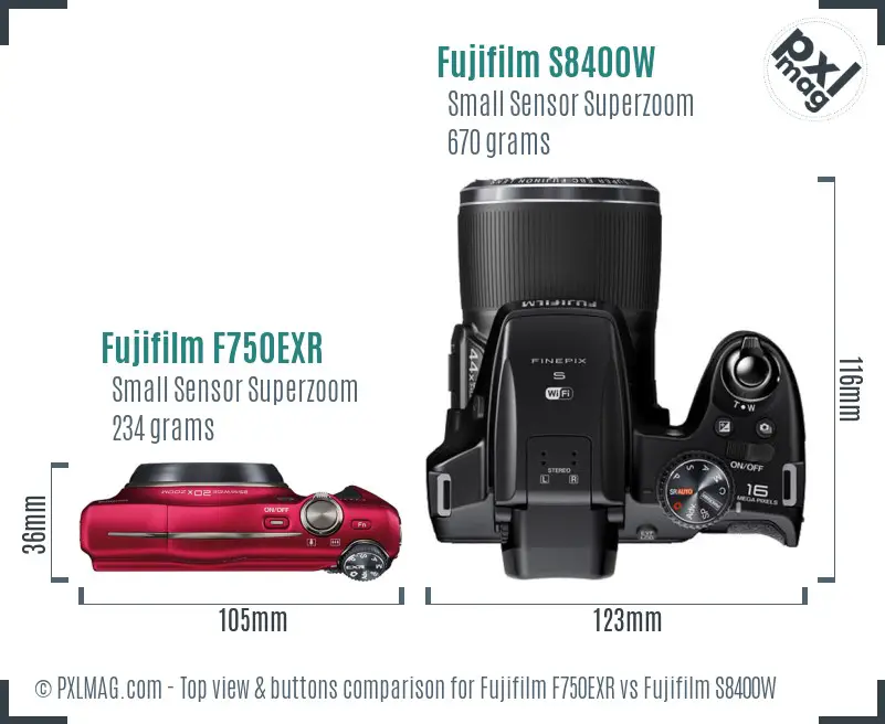 Fujifilm F750EXR vs Fujifilm S8400W top view buttons comparison