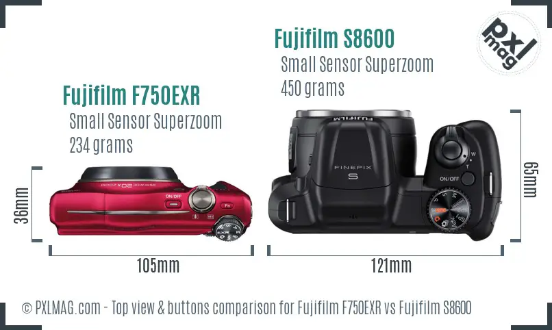 Fujifilm F750EXR vs Fujifilm S8600 top view buttons comparison Fujifilm F750EXR vs Fujifilm S8600 top view buttons comparison