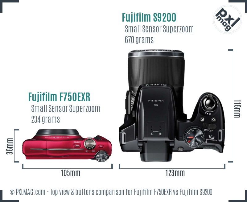Fujifilm F750EXR vs Fujifilm S9200 top view buttons comparison
