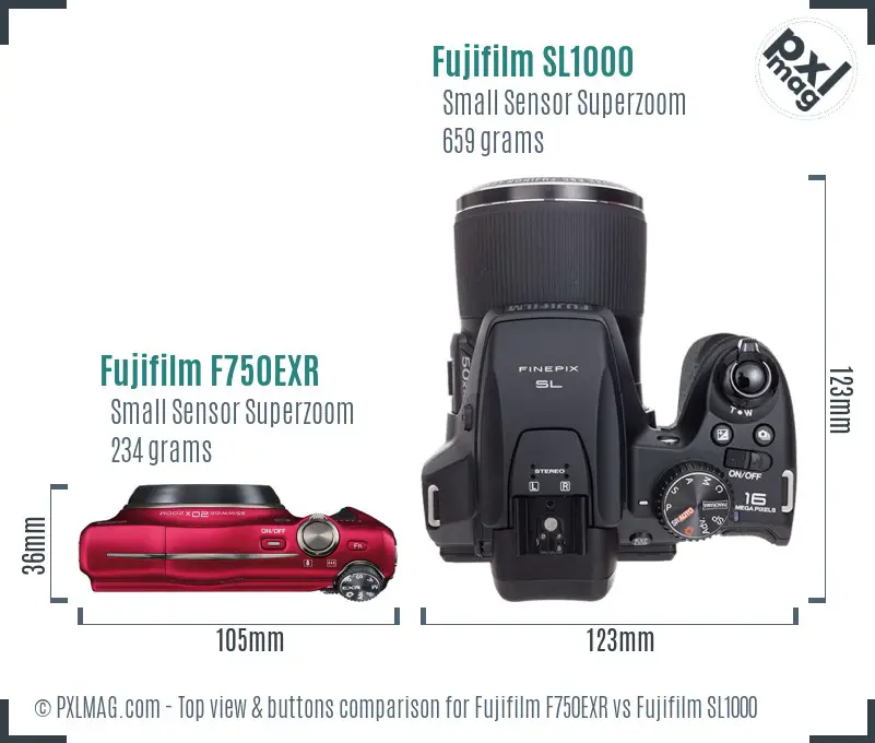 Fujifilm F750EXR vs Fujifilm SL1000 top view buttons comparison